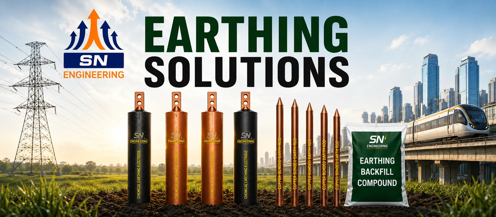 SN Engineering earthing solutions including chemical electrodes, copper bonded rods and backfill compound